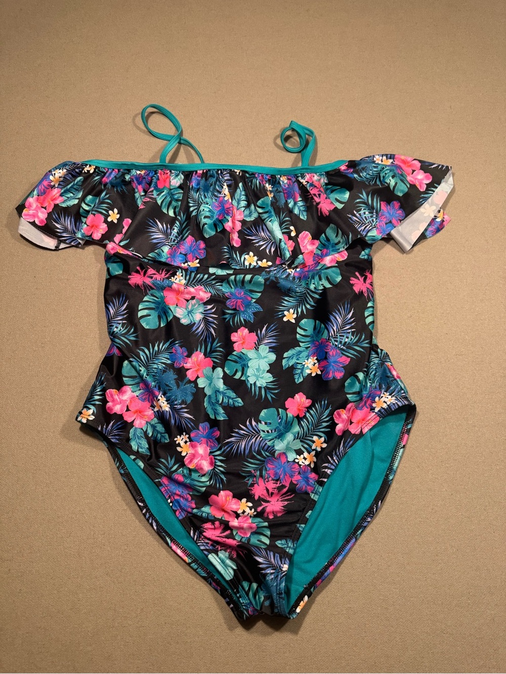 Women’s Floral One-Piece Swimsuit with Ruffle - Black Teal Pink 18P